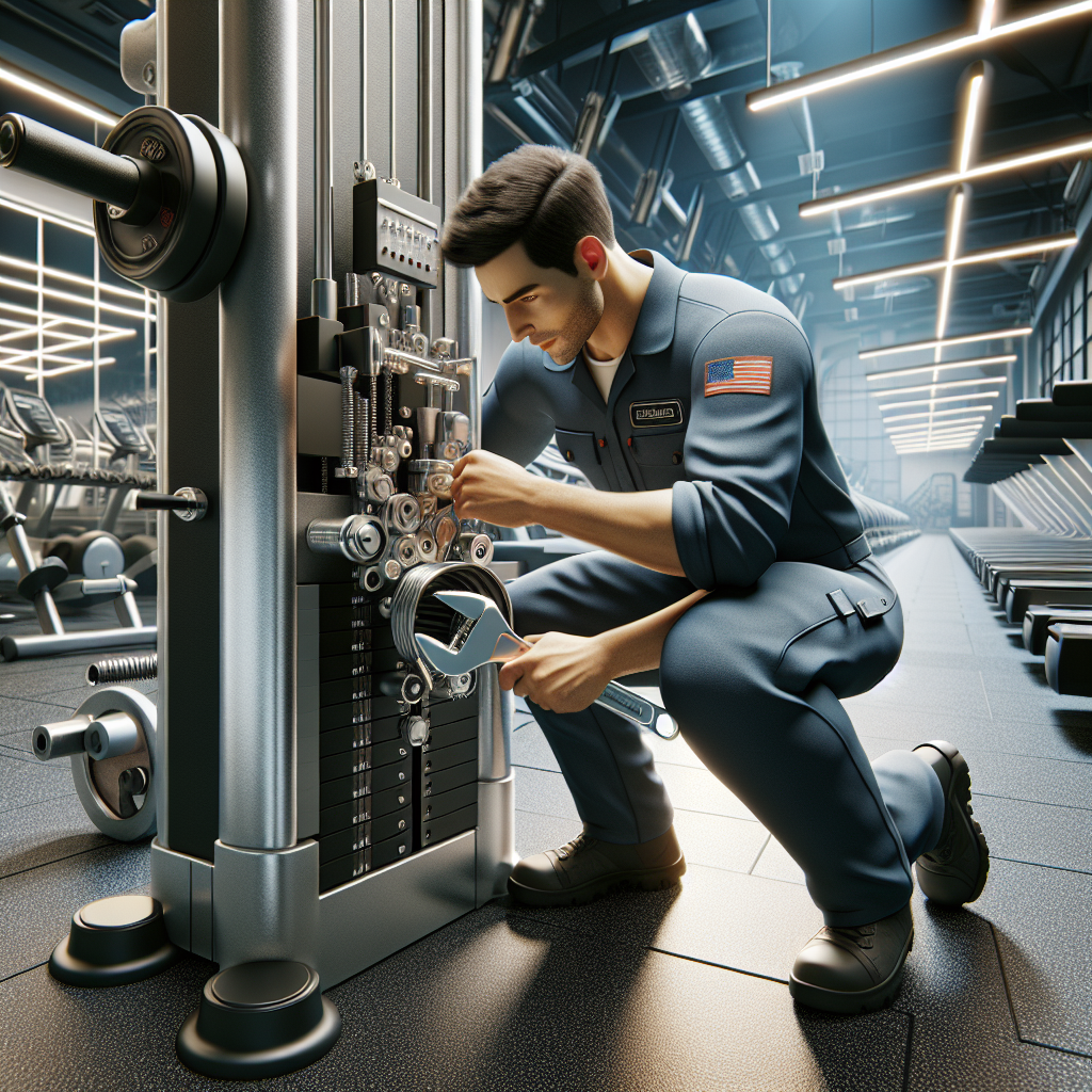 A maintenance worker tightening a bolt on a piece of gym equipment in a clean and well-maintained gym.