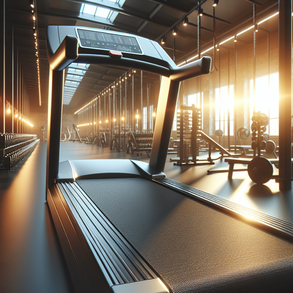 A realistic image of a new treadmill focused on the running belt in a gym setting, surrounded by fitness equipment, bright lighting, symbolizing a maintenance concept.