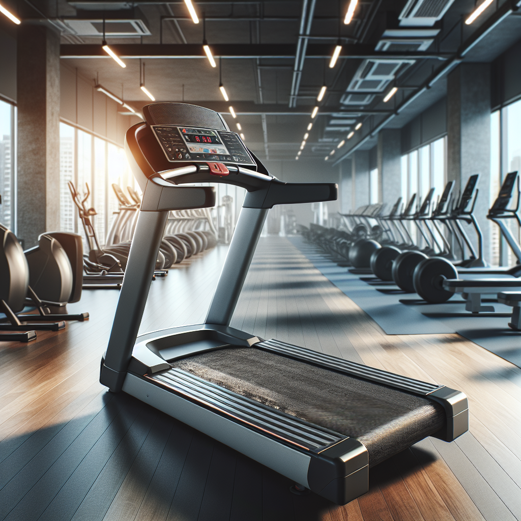 A realistic gym setting with a focus on a treadmill showcasing a worn-out running belt.