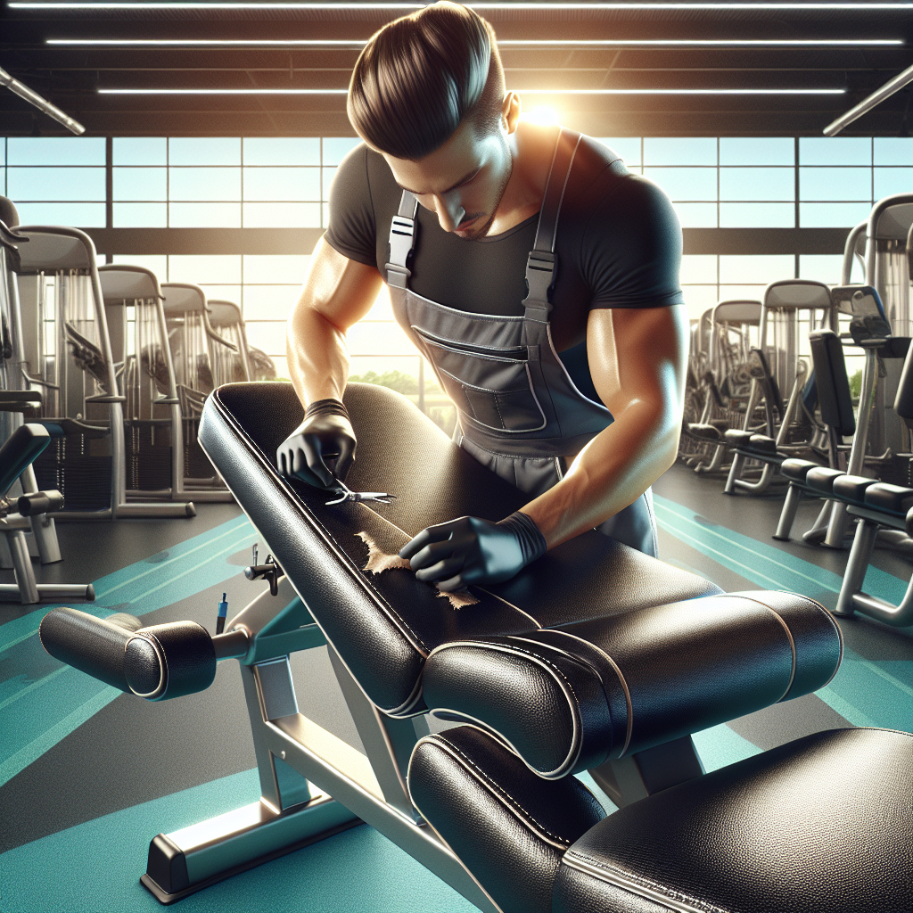 An upholsterer refurbishing and repairing a black gym bench in a modern, well-lit gym setting, with no visible logos or text.