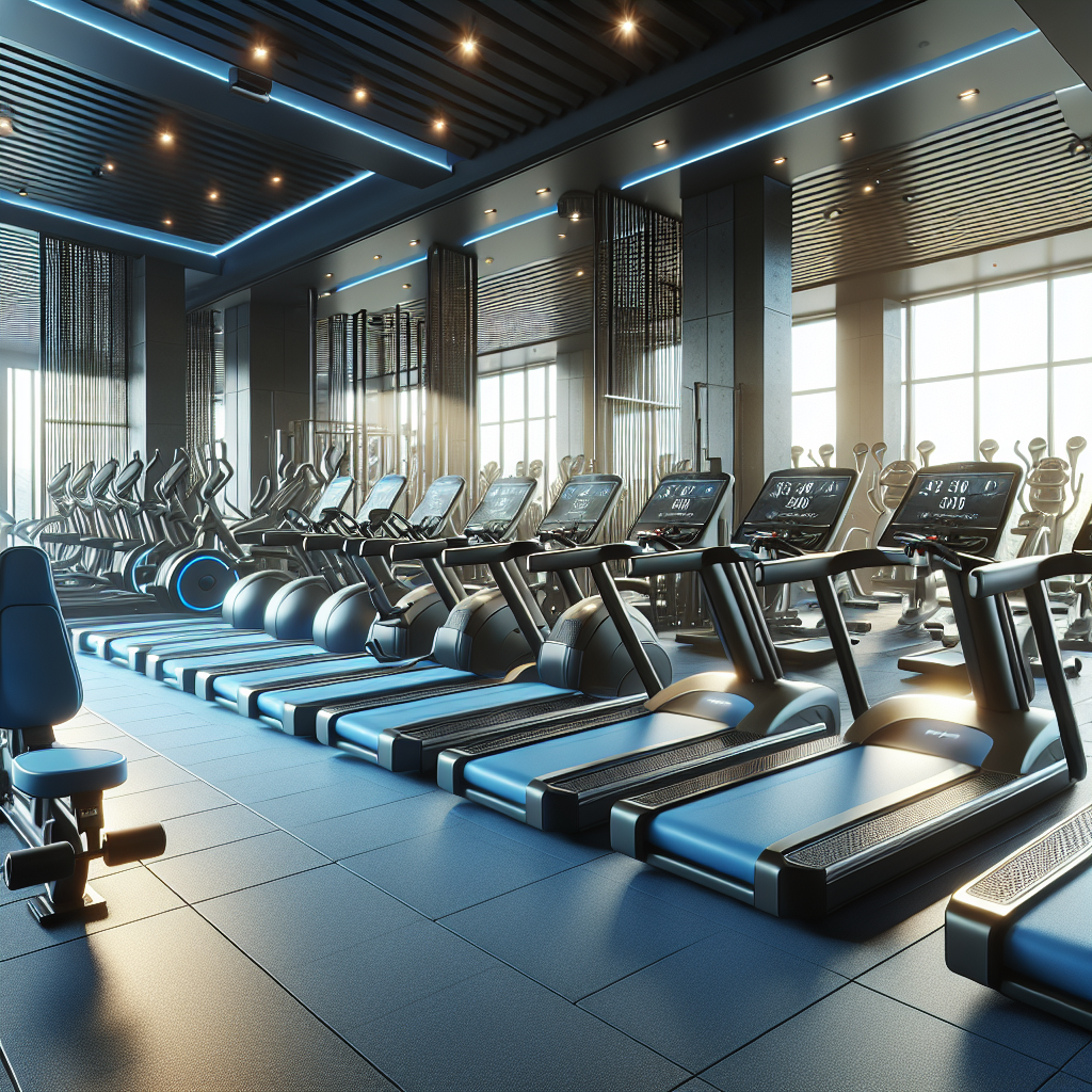 Spacious gym interior with modern equipment featuring new royal blue and black upholstery, well-lit with natural sunlight.