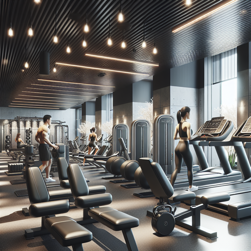 Modern gym with refurbished black upholstery on equipment and blurred background of users.