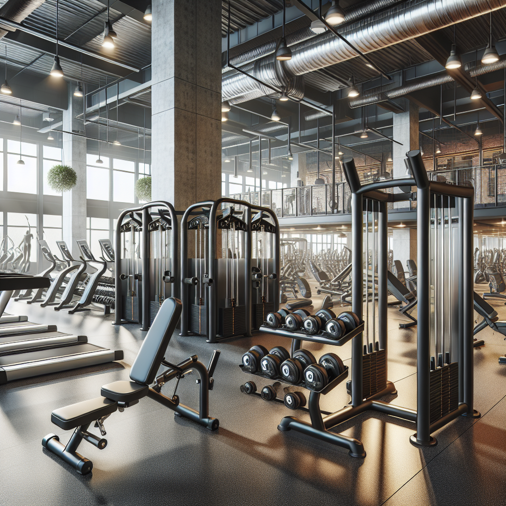 A spacious and modern commercial gym filled with Body Solid gym equipment including multi-station setups, free weights, and cardiovascular machines, in a clear and detailed realistic style.