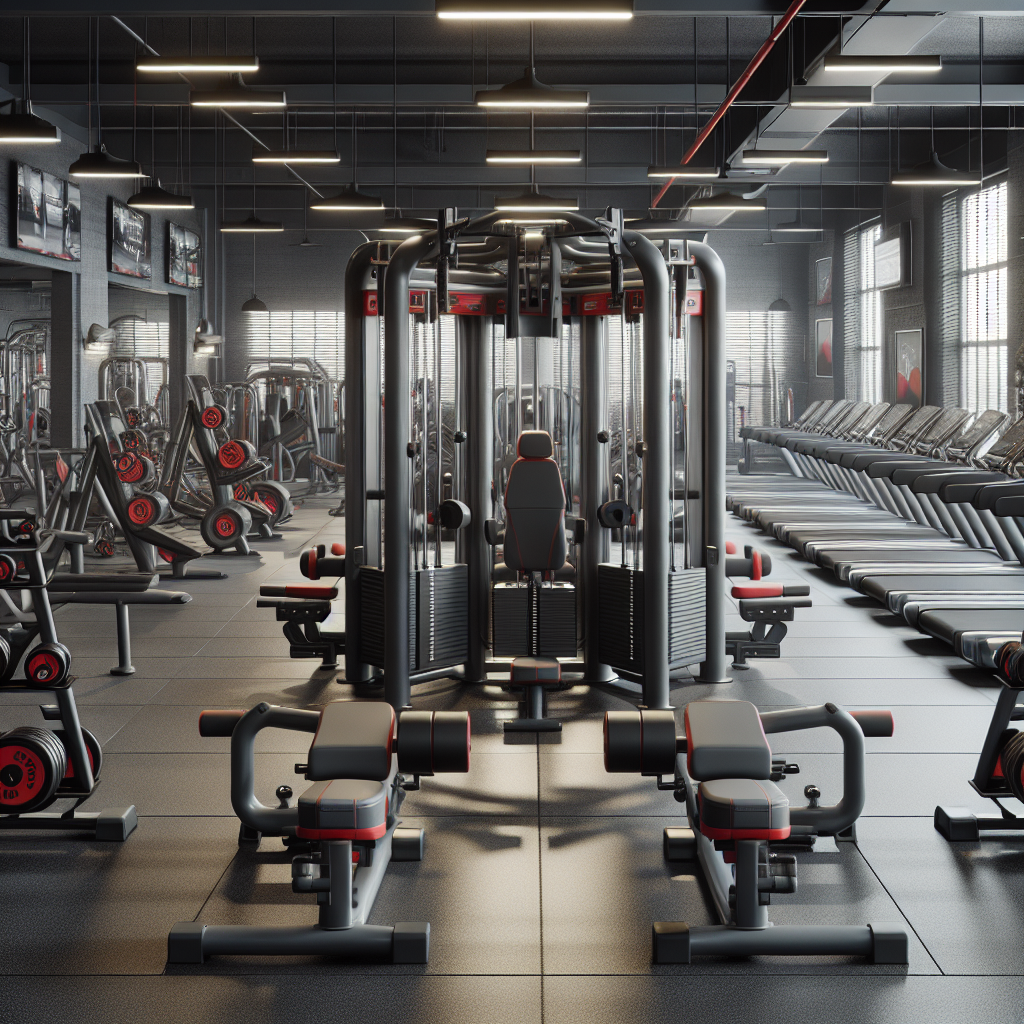 A realistic image of a commercial gym equipped with Body Solid workout machines and free weights, emphasizing the robust and ergonomic design.