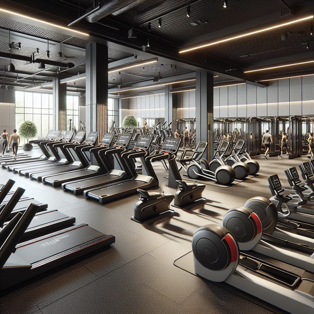 Spacious modern gym with individuals using Technogym equipment, under natural lighting, free from any visible text or brand logos.