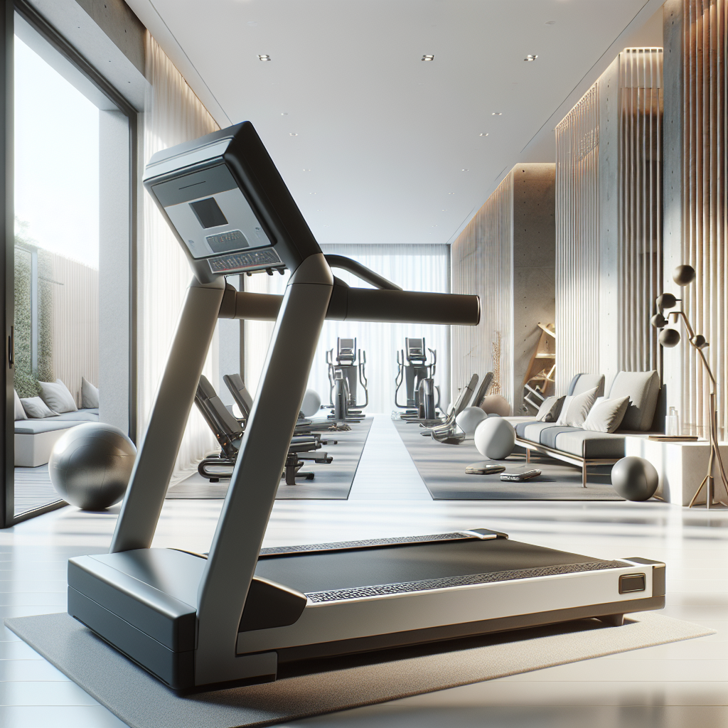 A modern home gym with a well-maintained treadmill focused on the running belt, with no text or brands, illuminated by natural light.