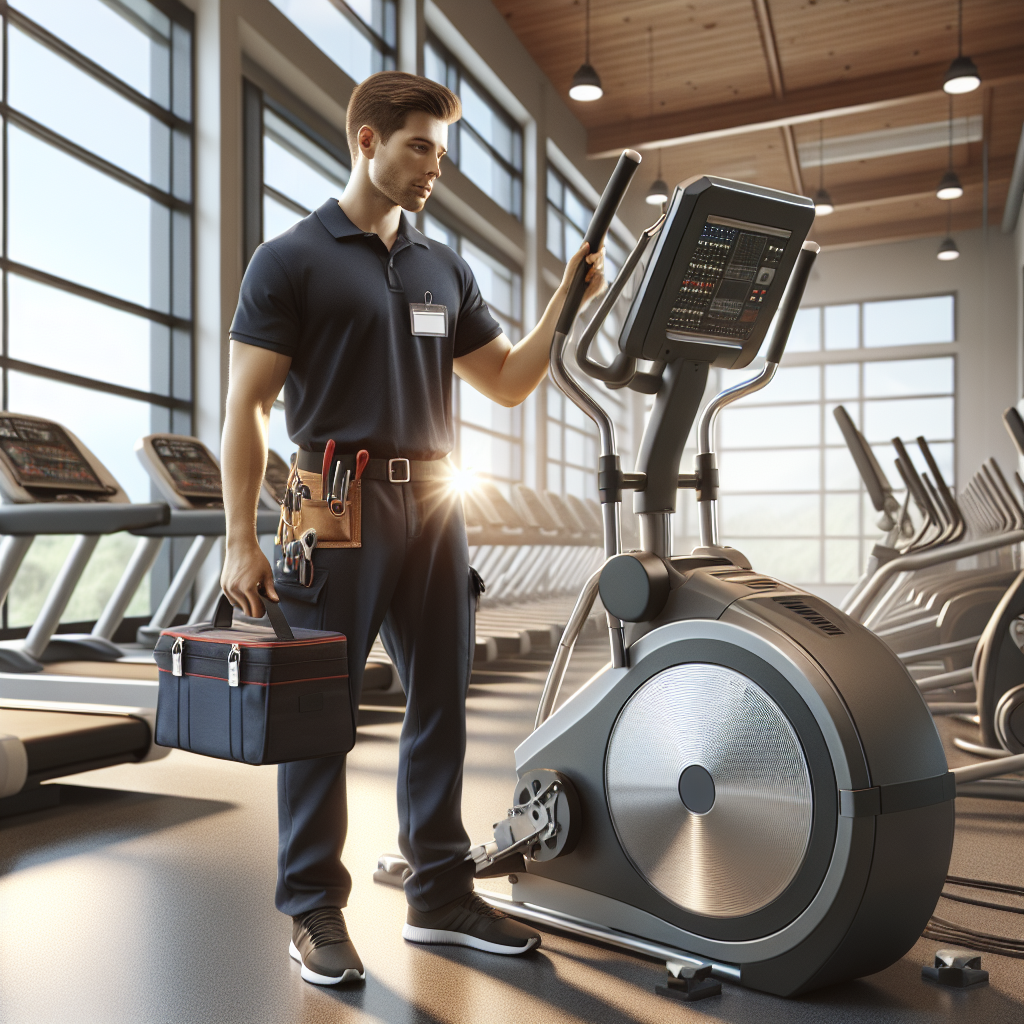 Technician repairing an elliptical machine in a modern gym filled with fitness equipment.