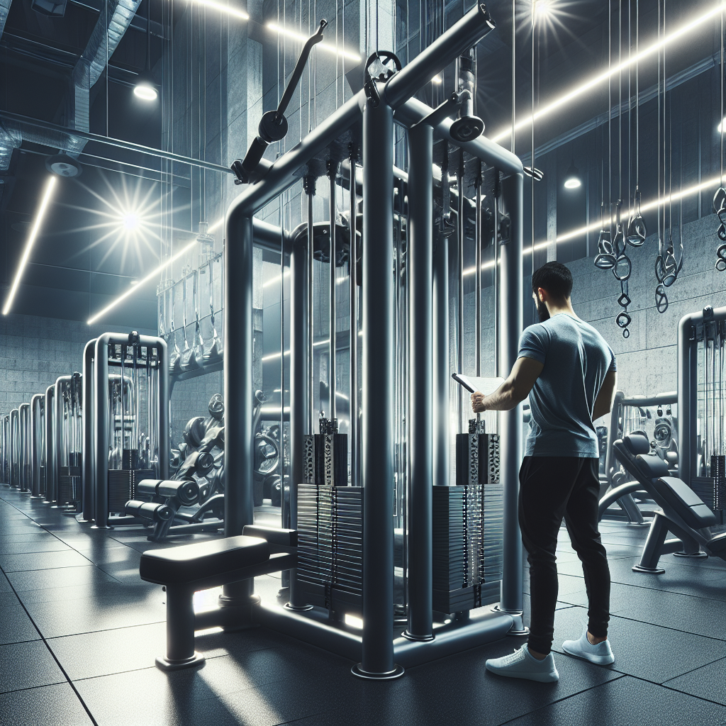 A well-maintained modern gym with a focus on a cable weight machine being inspected for maintenance.