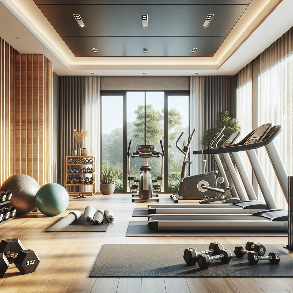 A realistic depiction of a well-organized home gym installation with various modern gym equipment and bright natural lighting.