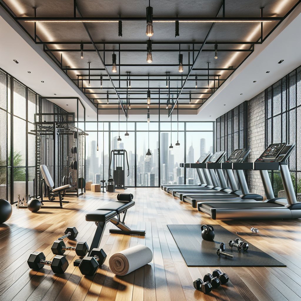 Realistic depiction of a home gym installation with various fitness equipment in a well-lit room.