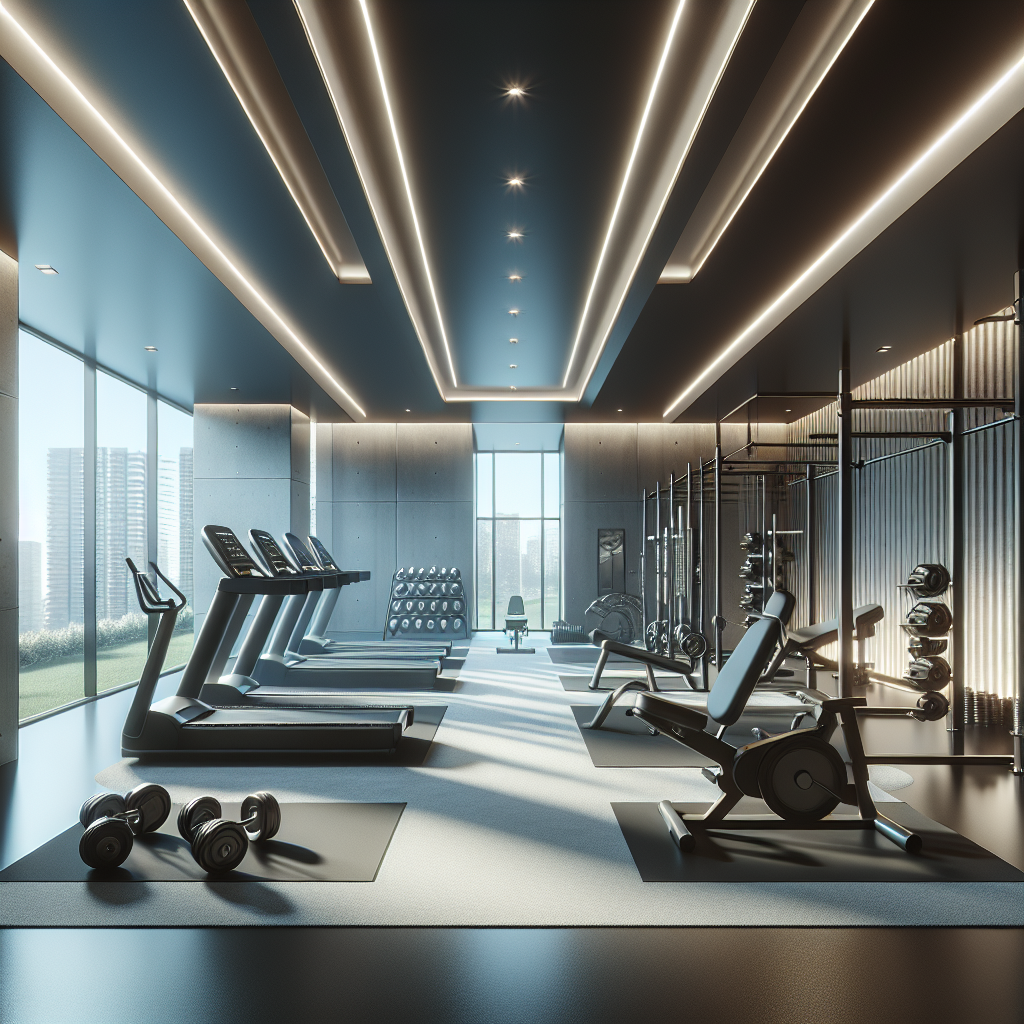 A modern home gym installation in a bright, well-lit room with various fitness equipment.