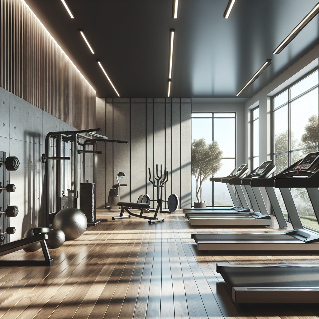 A realistic image of a well-organized home gym with various exercise equipment installed in a spacious, well-lit room.