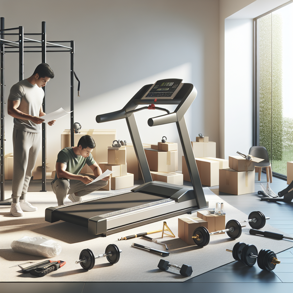 A home gym with exercise equipment being installed, including a treadmill, elliptical, and weight machine, in a well-lit and organized room.