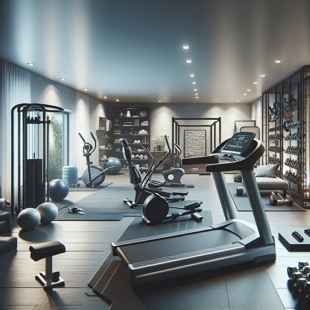 A realistic depiction of a home gym with properly installed exercise equipment including a treadmill, elliptical, and weight machine.