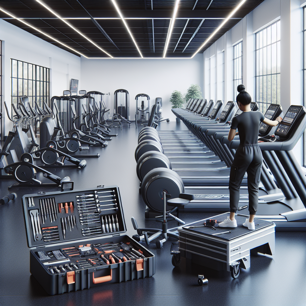 A technician repairing fitness equipment in a well-lit, modern gym.