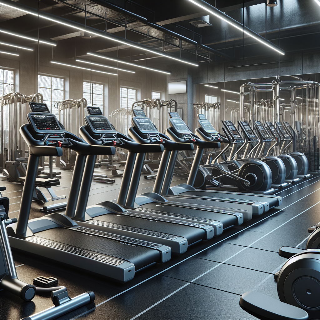 A professional gym setting with various fitness equipment including treadmills, ellipticals, weight machines, and exercise bikes in good condition.