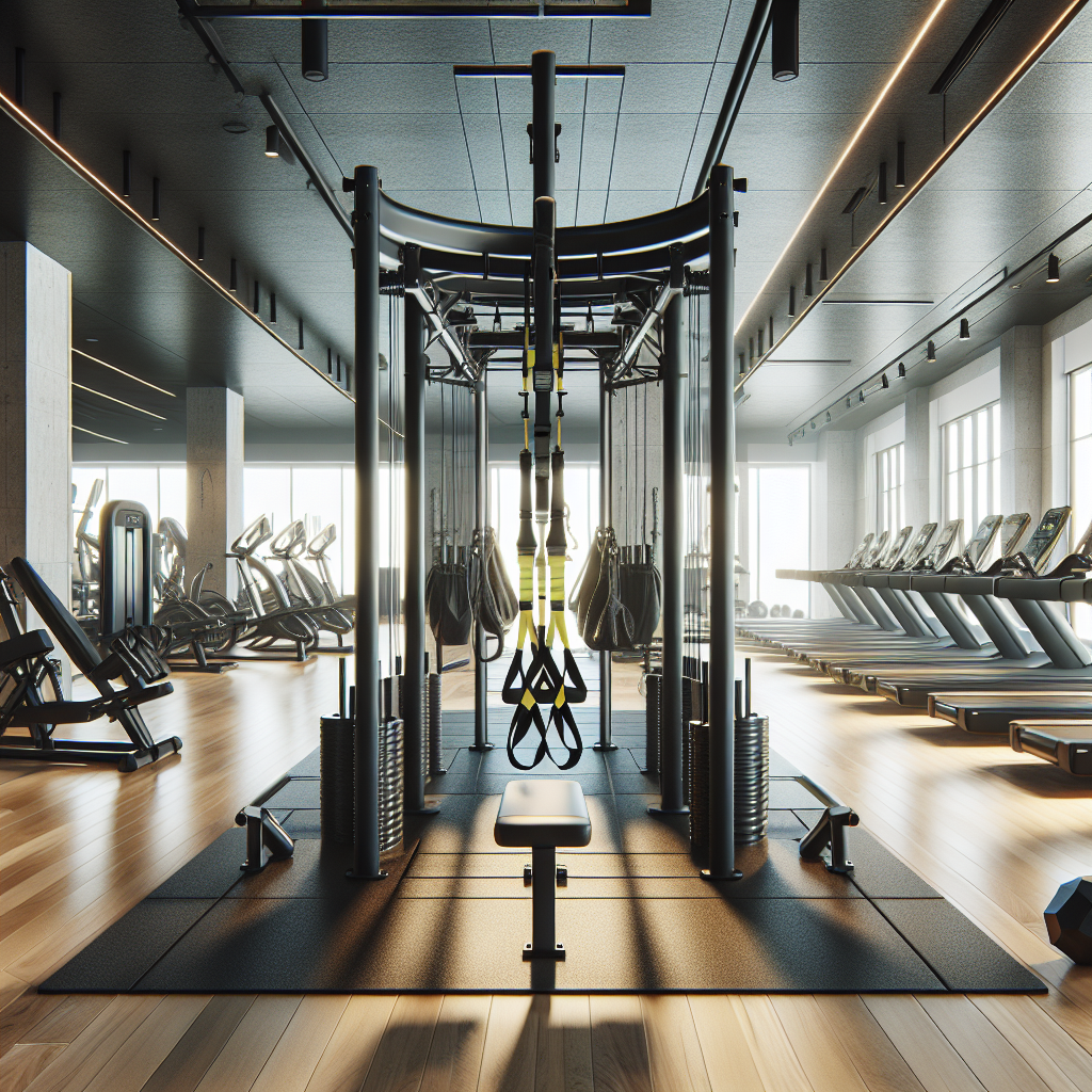 A realistic rendering of gym equipment including a TRX suspension system.
