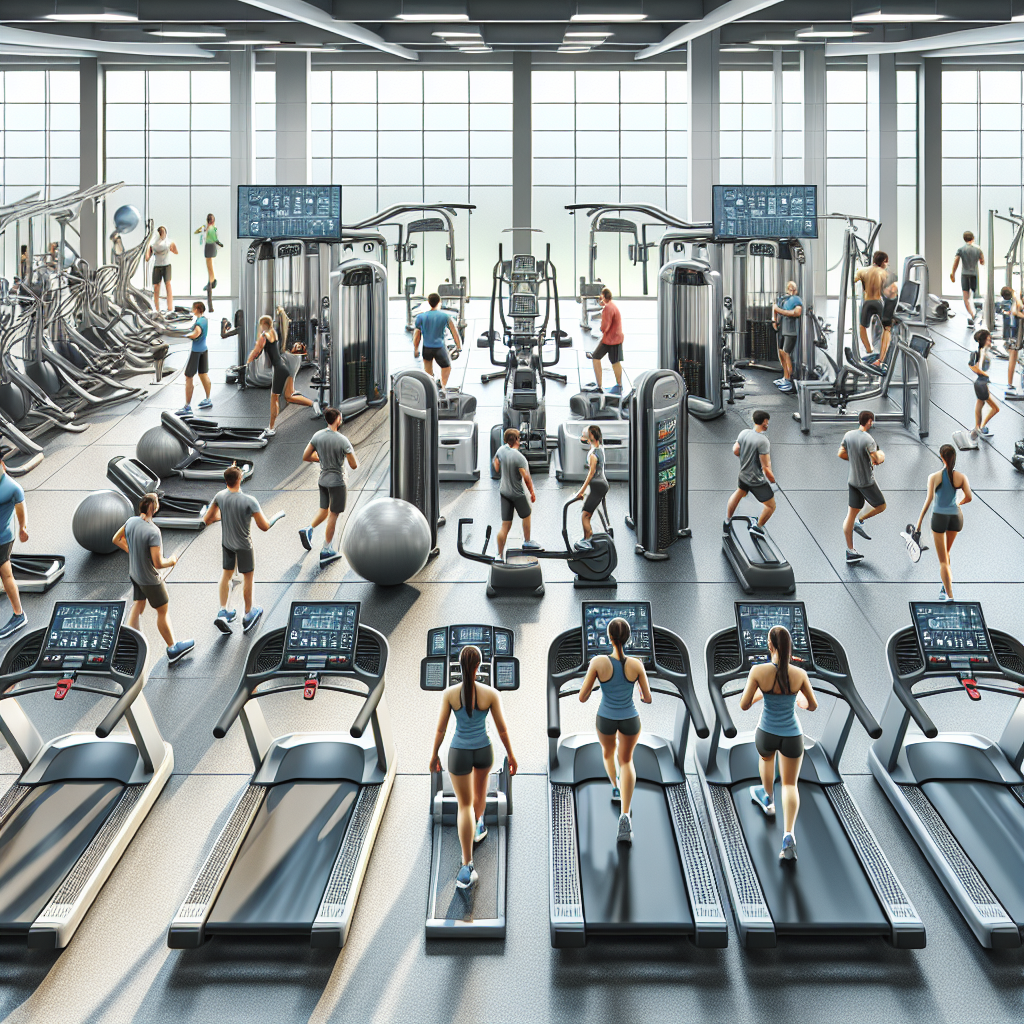 A modern gym with advanced equipment and people working out.