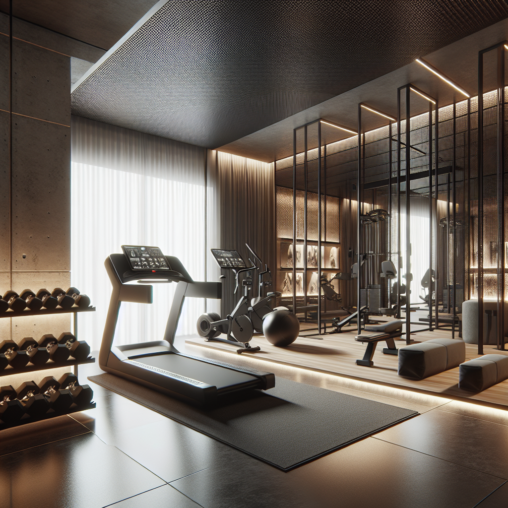 A realistic image of a modern home gym setup with various exercise machines including a treadmill, dumbbells, and a multi-functional workout station.
