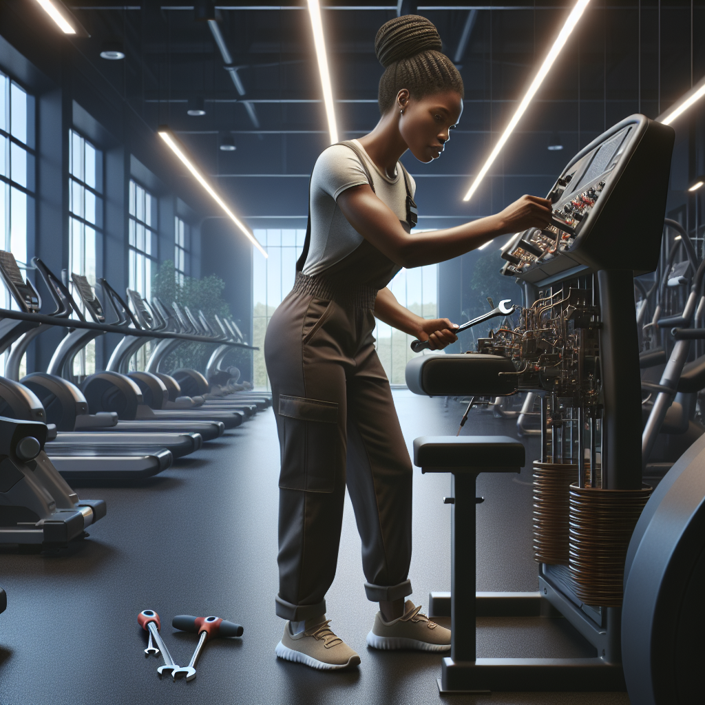 A technician repairing fitness equipment in a modern gym setting.