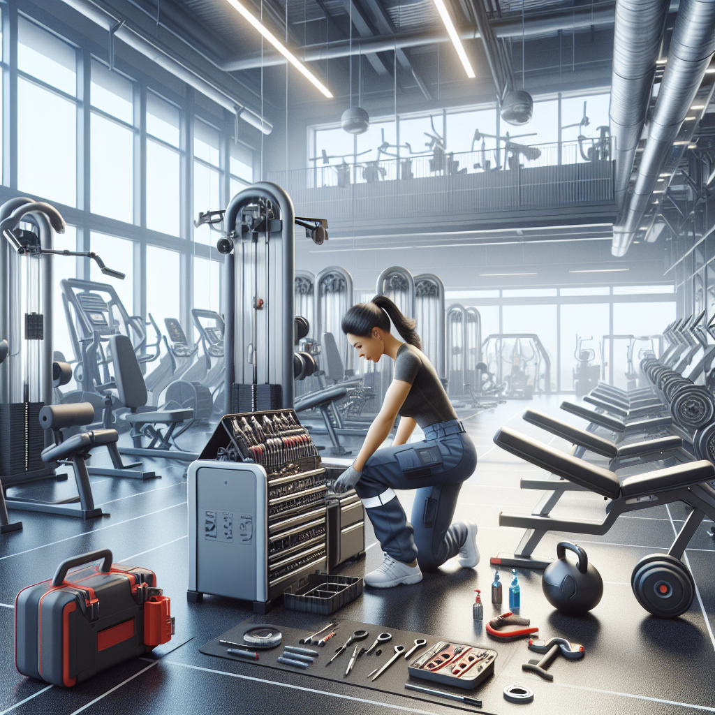 Technician repairing fitness equipment in a gym.