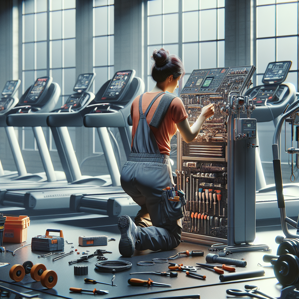 A technician repairing fitness equipment in a gym, showcasing tools and equipment in a realistic setting.