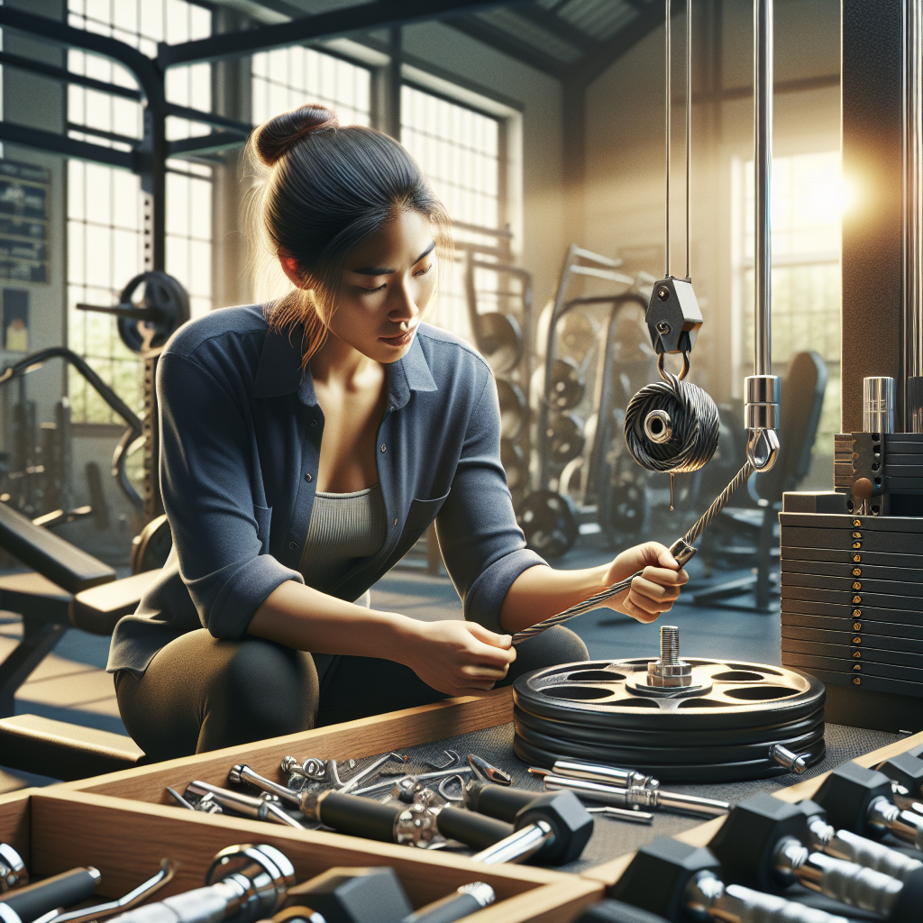 Technician repairing gym cable machine with tools in a gym environment.