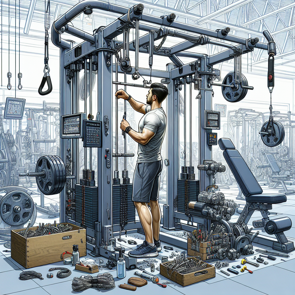 A technician repairing a gym cable machine in a realistic setting.