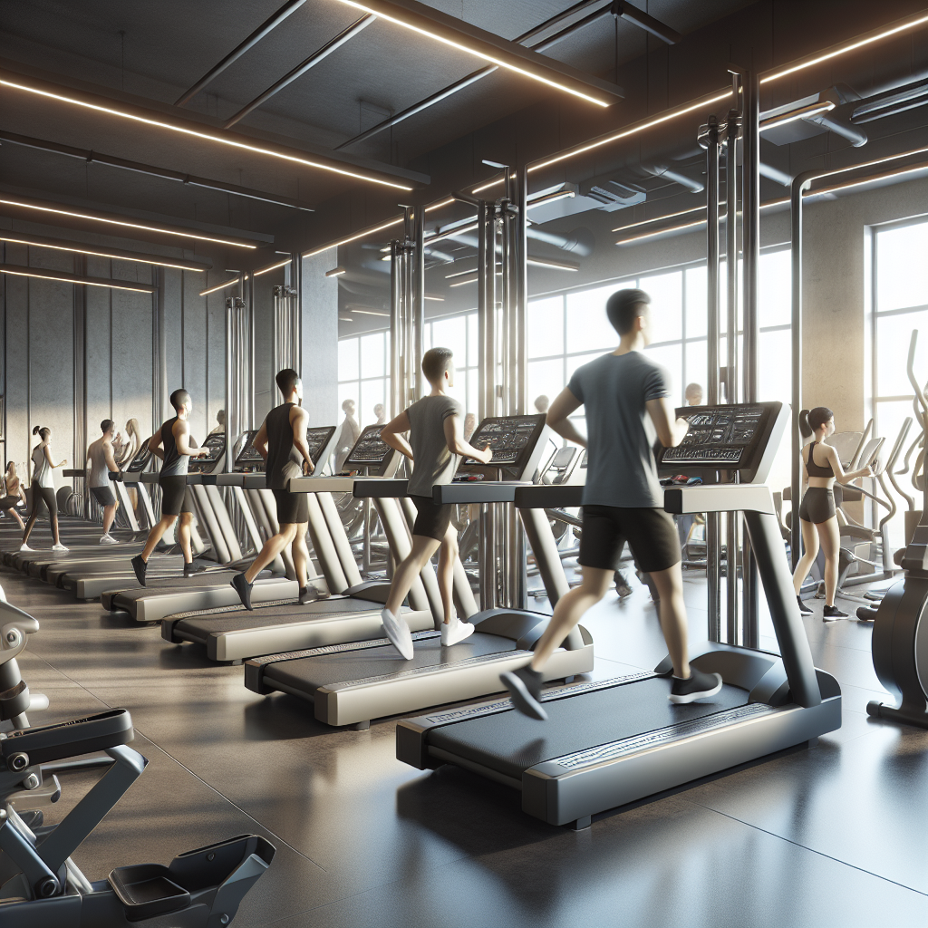 A realistic gym scene with modern Precor equipment and people working out.