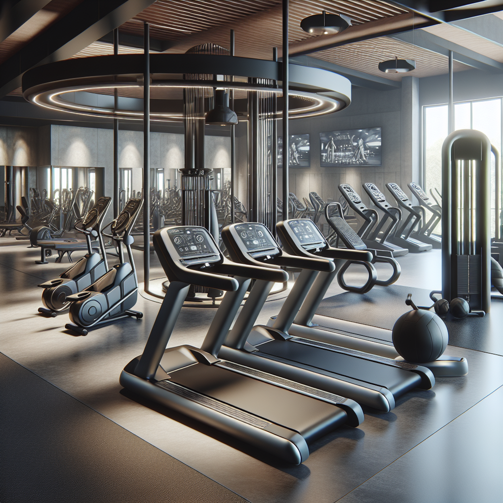 A realistic image of Precor gym equipment in a modern gym setting.