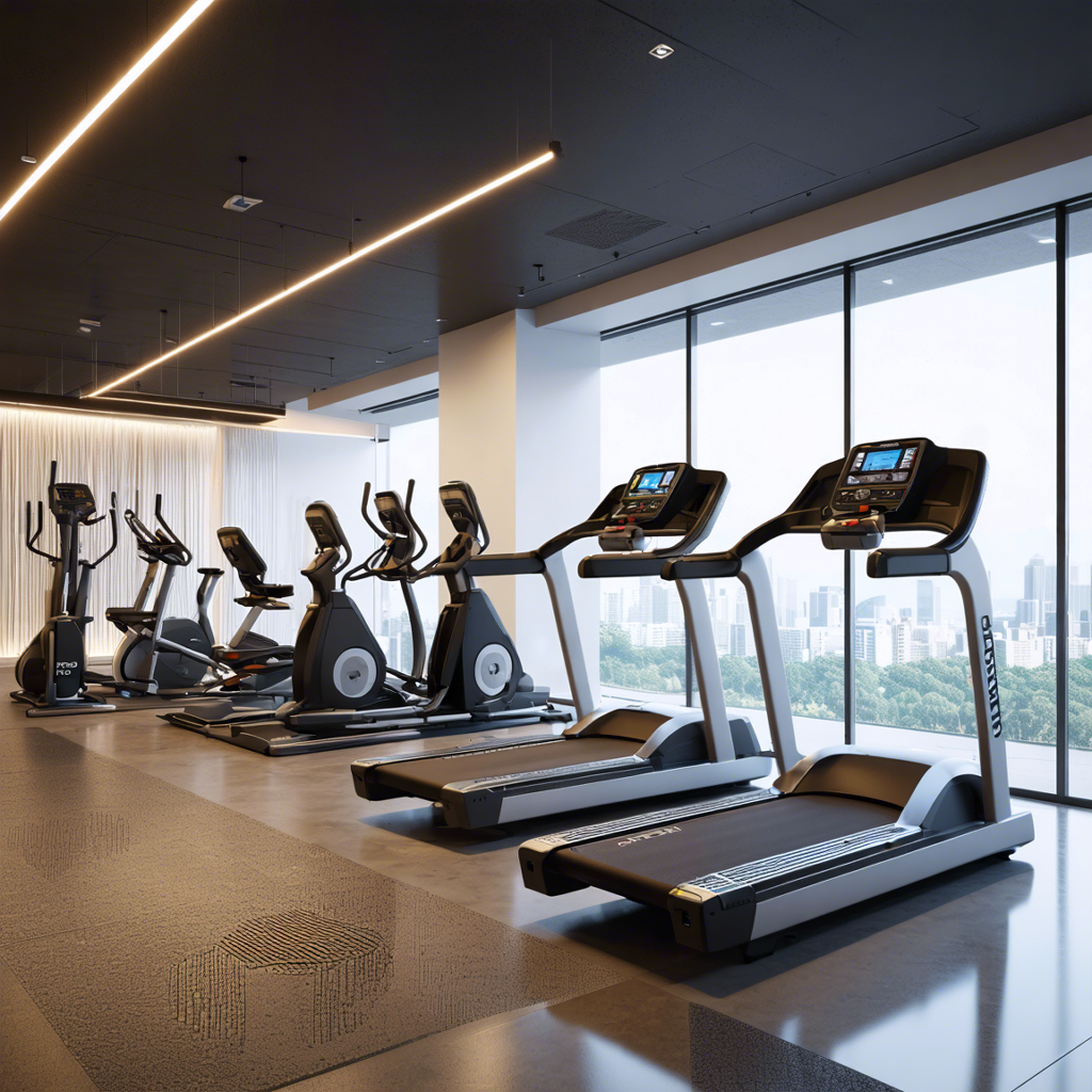 An upscale gym interior with Pro-Form treadmills, ellipticals, exercise bikes, and a strength-training station, all featuring the brand's colors, well-lit with no people.