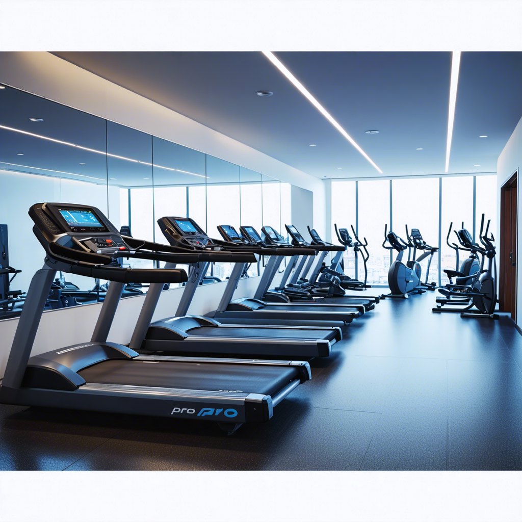 Modern gym interior with users exercising on Pro-Form equipment, featuring treadmills, ellipticals, and bikes, in bright, natural lighting.