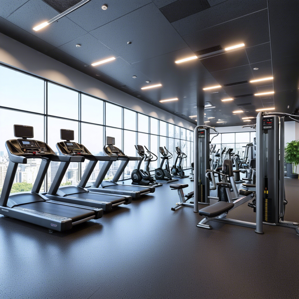 A realistic and detailed image of a modern gym equipped with a range of Pro-Form cardio and strength-training machines with ambient lighting.