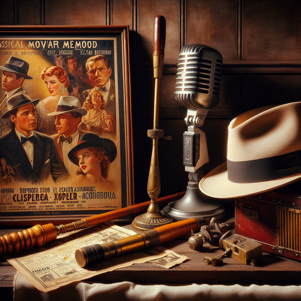 Assorted classic movie memorabilia including a vintage poster, silver screen prop, and wardrobe piece displayed on a wooden shelf.