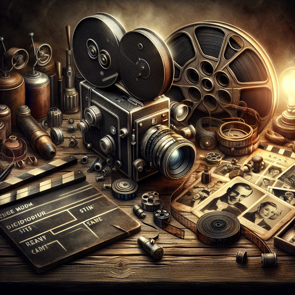 A vintage film camera surrounded by classic movie memorabilia on an old wooden table, bathed in nostalgic lighting.