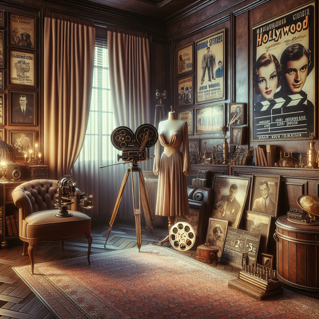 Collection of classic Hollywood movie memorabilia displayed in a nostalgic setting.