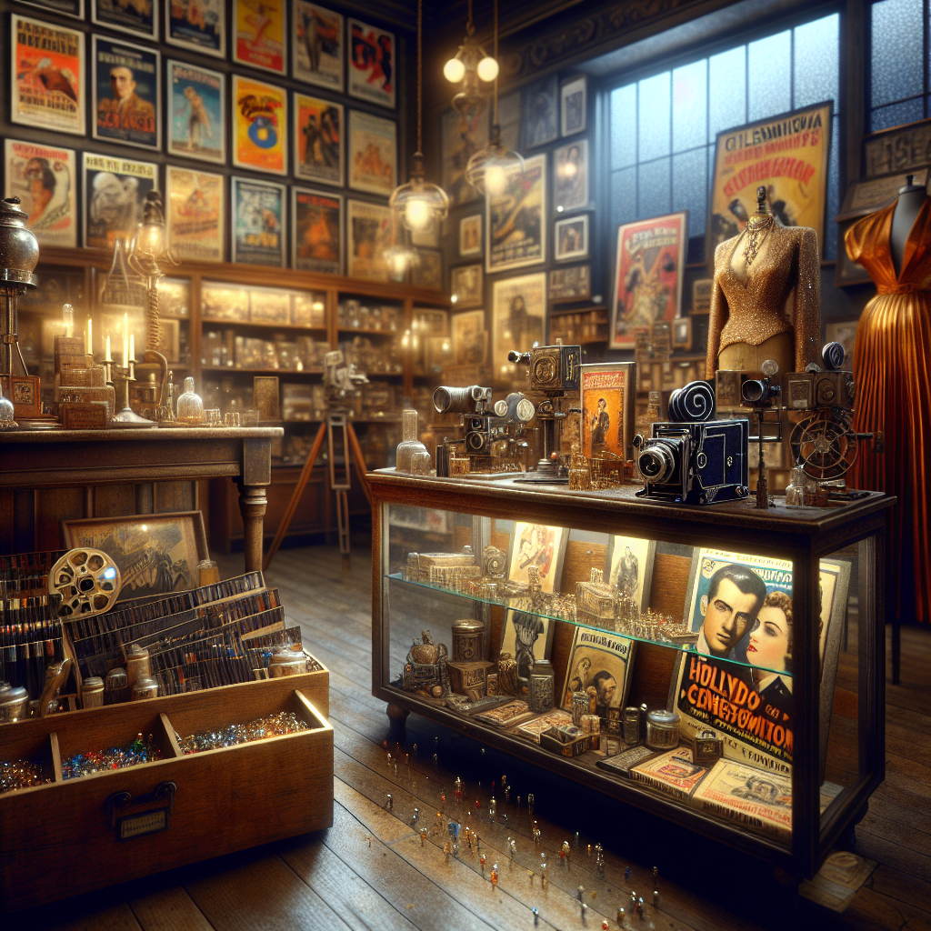 A cozy, vintage shop displaying a wide array of classic movie memorabilia, with warmth and rich colors.