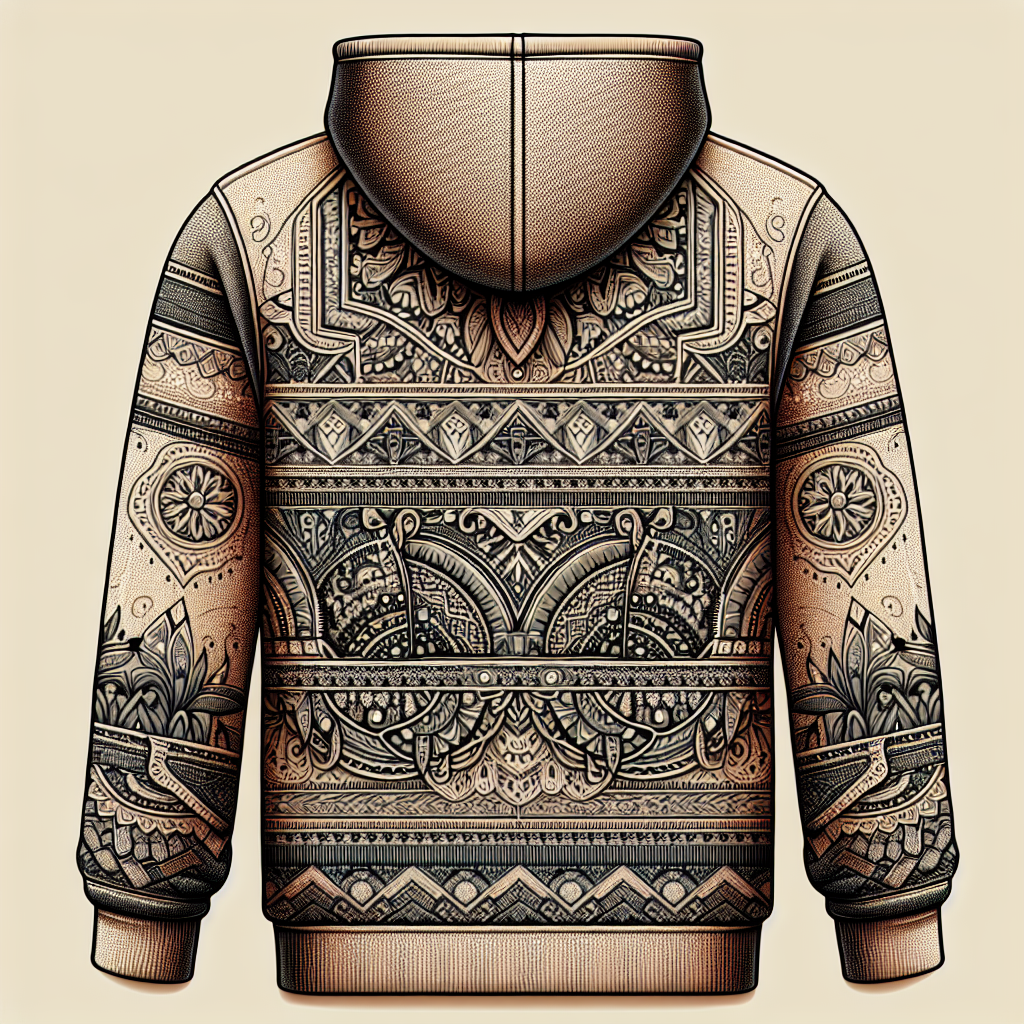 Realistic image of a history-inspired hoodie with intricate patterns and textures.