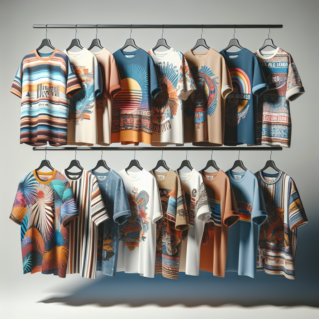 An array of graphic t-shirts with vibrant designs, displayed realistically.