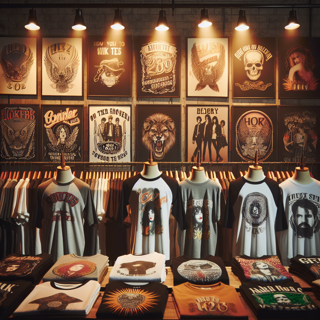 A realistic array of graphic t-shirts in a fashionable store setting, highlighting diverse designs and a trendsetting vibe.