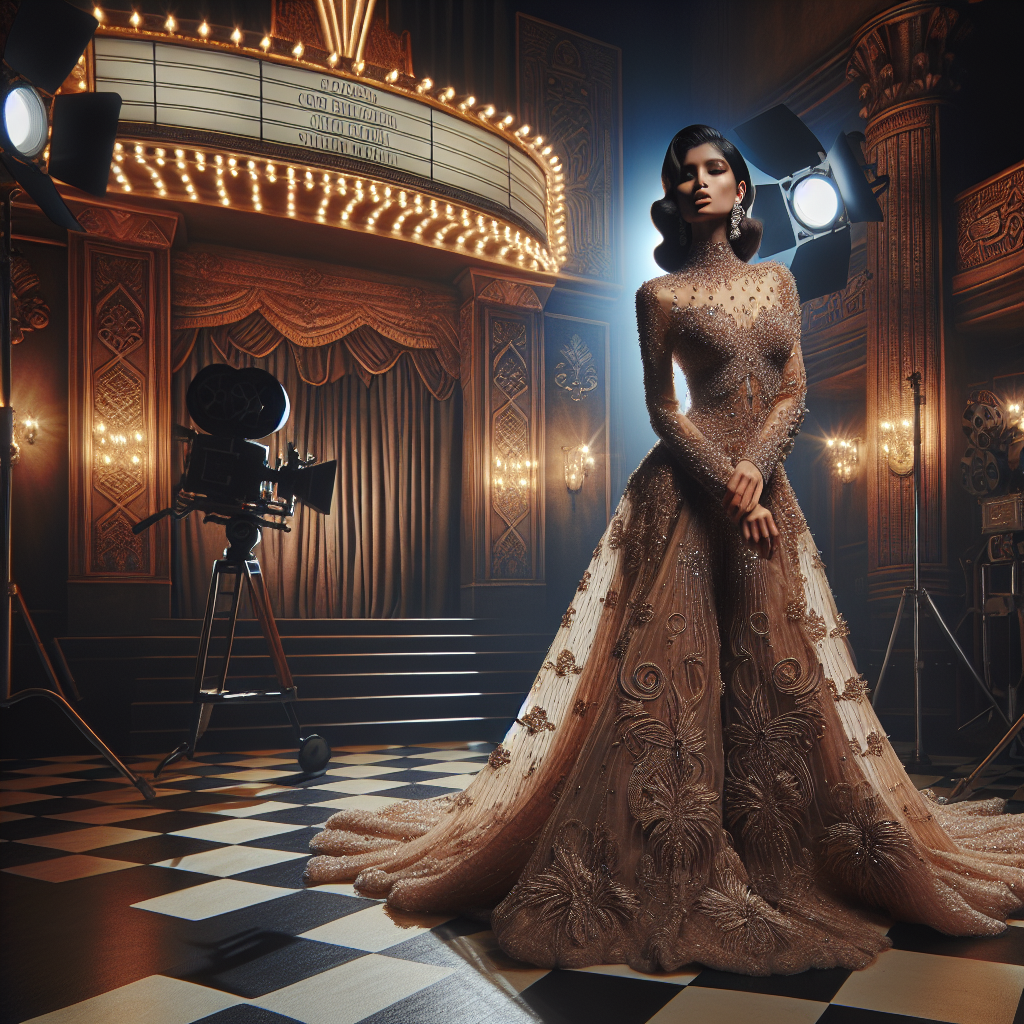 A model in an elaborate designer gown on an art deco vintage movie set with dramatic lighting, capturing the essence of old Hollywood film fashion.