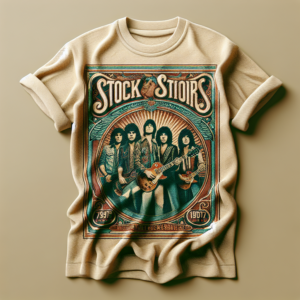 A realistic vintage graphic t-shirt with a 1970s rock band style design.