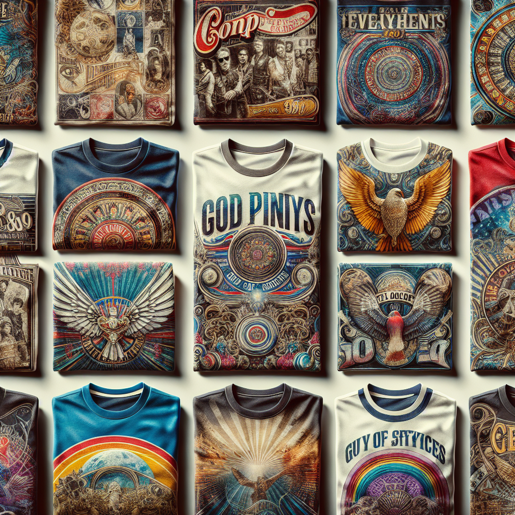 A realistic collage of vintage graphic t-shirts with intricate designs and retro motifs.