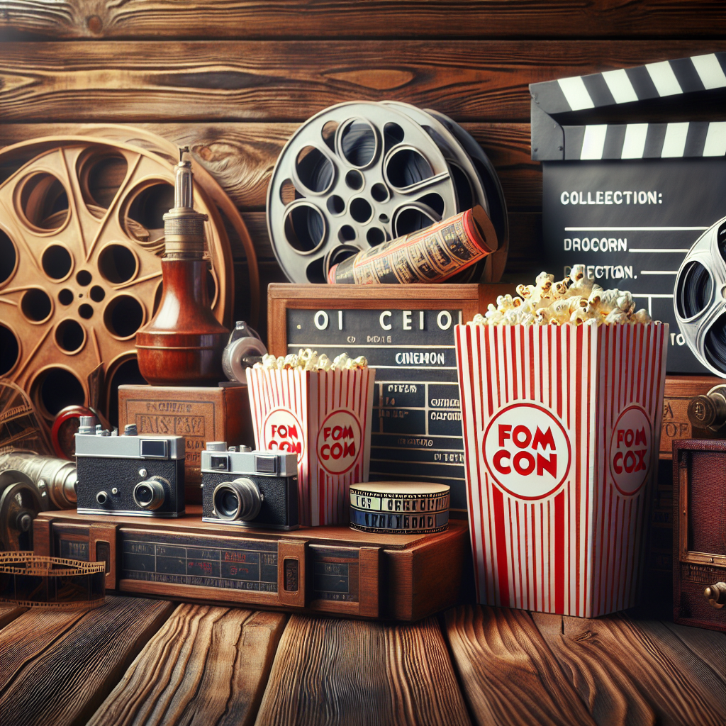 Film-related memorabilia on a wooden shelf capturing the essence of traditional cinema.