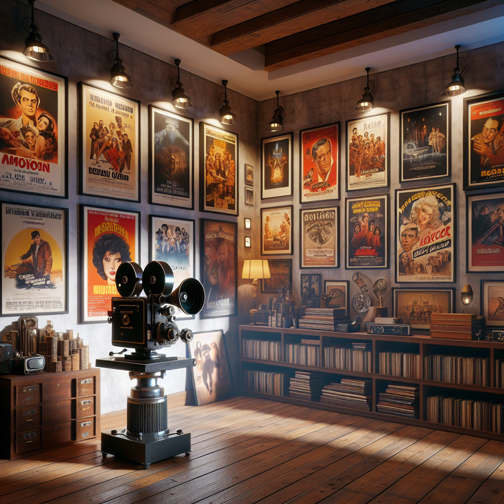 A realistic recreation of a movie-themed decor shop banner, with framed movie posters, a vintage projector, and a shelf with film memorabilia.