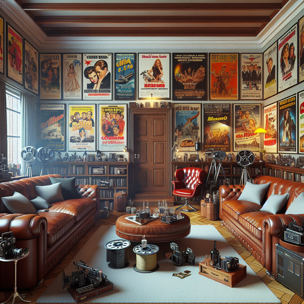 A realistic home theater or den filled with film memorabilia, inspired by a movie buff gift ideas banner.