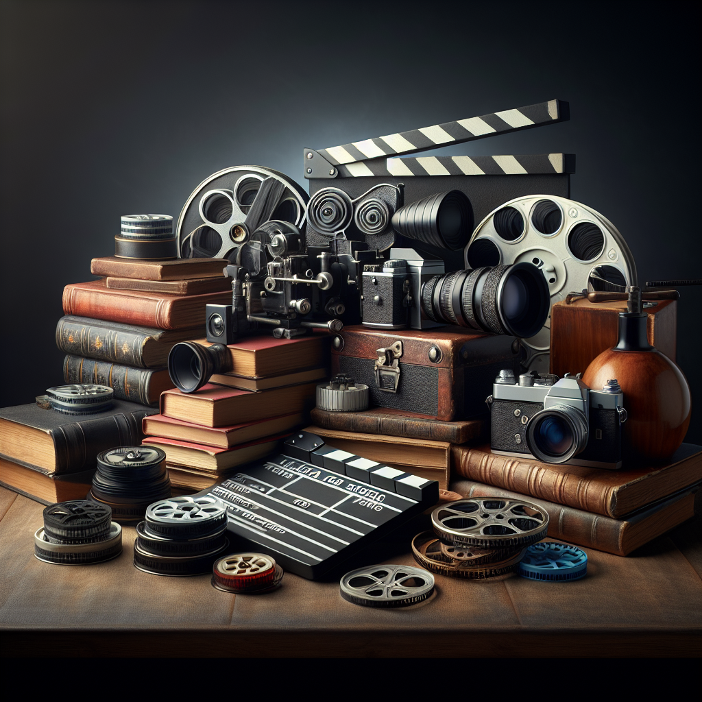 A realistic image of gift ideas for film students including a clapperboard, vintage film camera, filmmaking books, film reels, and a laptop.