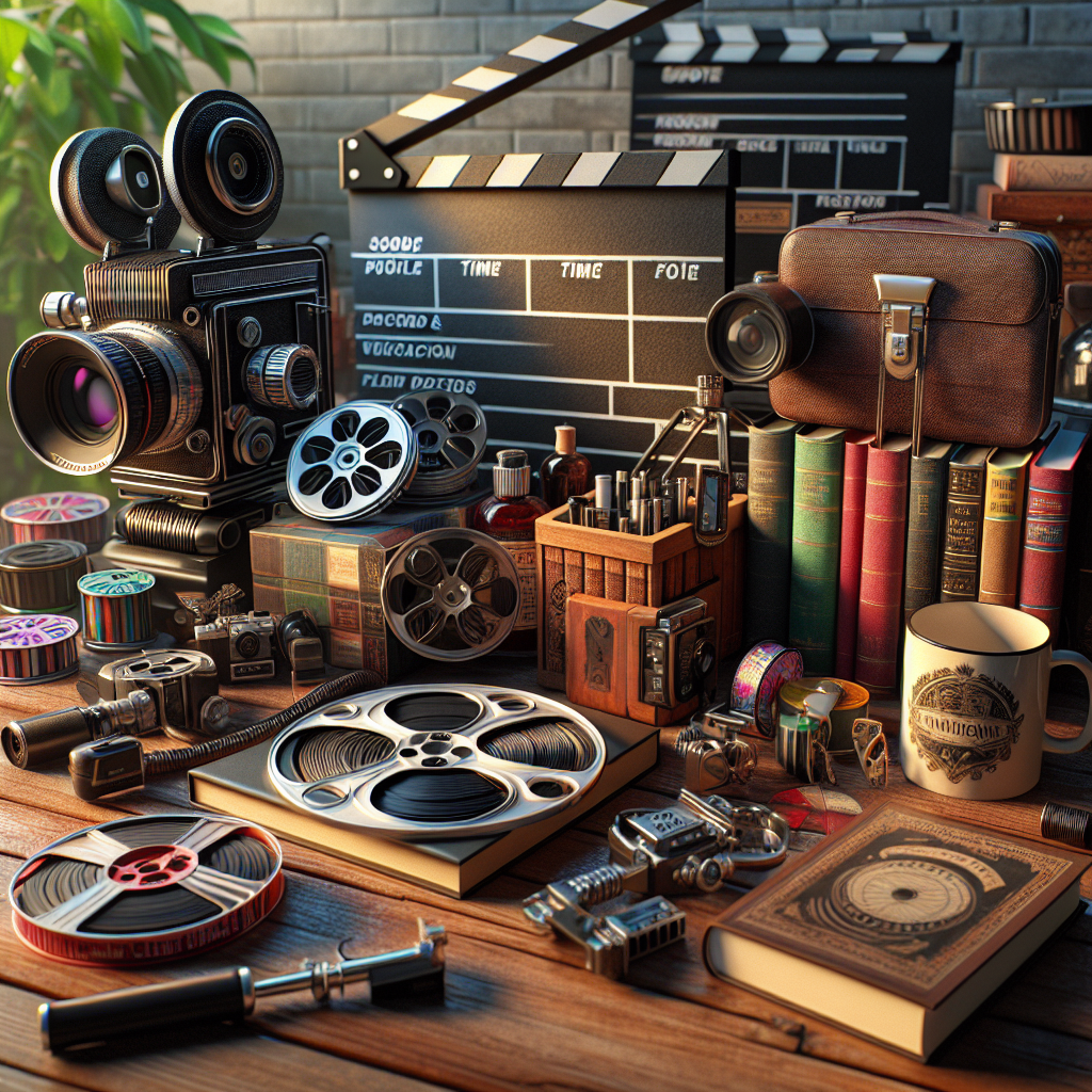 Various gift ideas for film students including a camera, clapperboard, film reels, mug, and books.