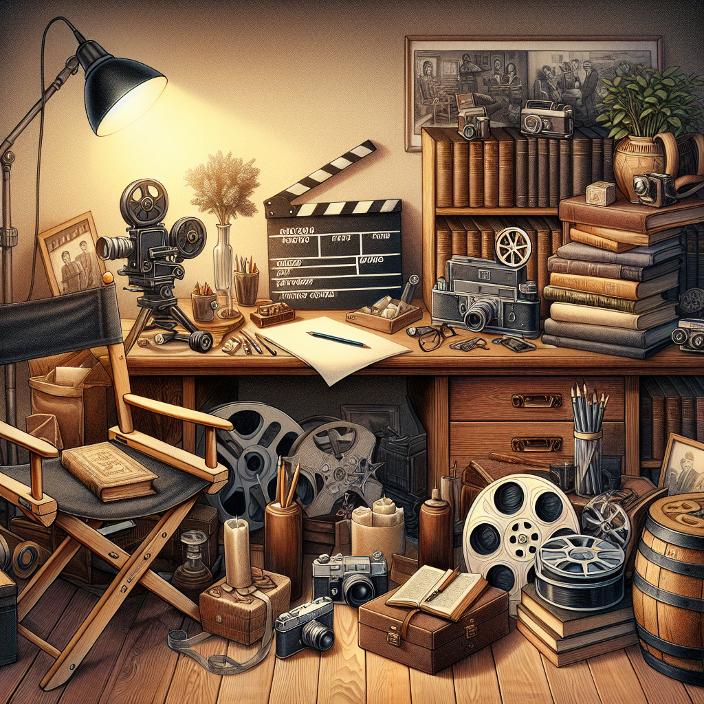 A realistic image depicting gift ideas for film students, including film reels, a clapperboard, a director's chair, and classic film books neatly arranged in a cozy study room.