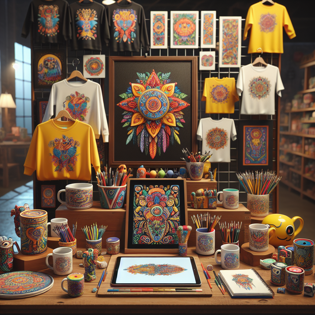 A realistic display of quirky merchandise including colorful mugs, unique T-shirts, and creative stationery.